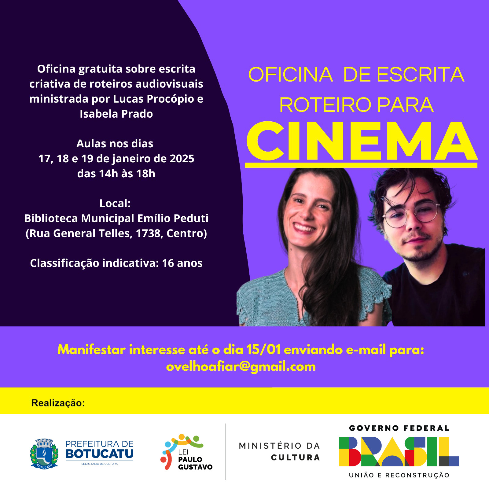 Cultura realizará Oficina de Escrita Roteiro para Cinema